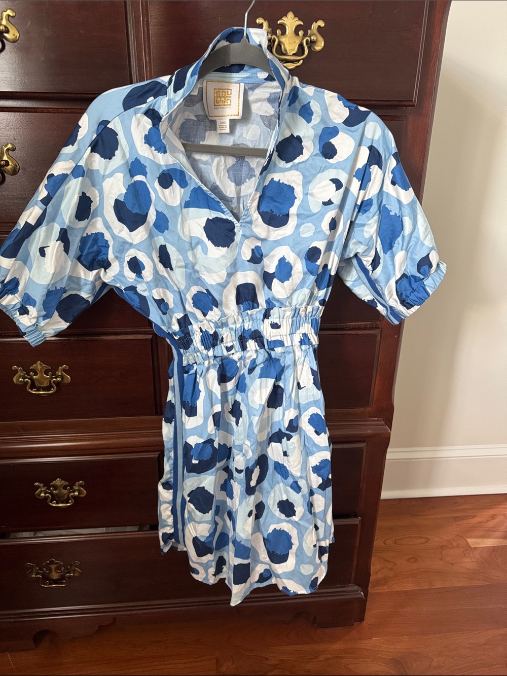 Blue Printed Short Sleeve Shirtdress with Elastic Waist